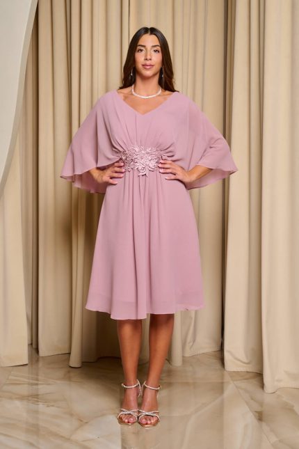 Φόρεμα midi με πλισέ V ντεκολτέ και λεπτομέρεια με στρας ροζ