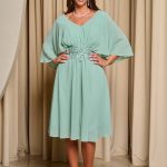 Φόρεμα midi με πλισέ V ντεκολτέ και λεπτομέρεια με στρας μέντα