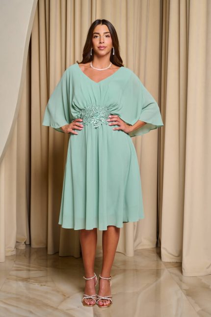 Φόρεμα midi με πλισέ V ντεκολτέ και λεπτομέρεια με στρας μέντα