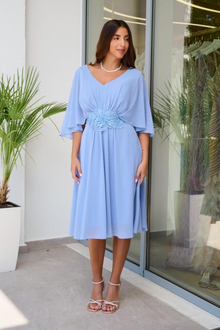 Φόρεμα midi με πλισέ V ντεκολτέ και λεπτομέρεια με στρας dusty blue