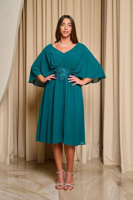 Φόρεμα midi με πλισέ V ντεκολτέ και λεπτομέρεια με στρας κυπαρισσί