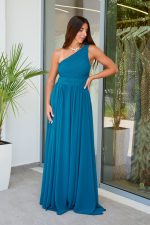Φόρεμα maxi one shoulder με πλισέ σχέδιο στο μπούστο πετρόλ