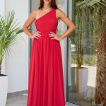 Φόρεμα maxi one shoulder με πλισέ σχέδιο στο μπούστο κόκκινο