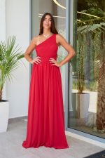 Φόρεμα maxi one shoulder με πλισέ σχέδιο στο μπούστο κόκκινο
