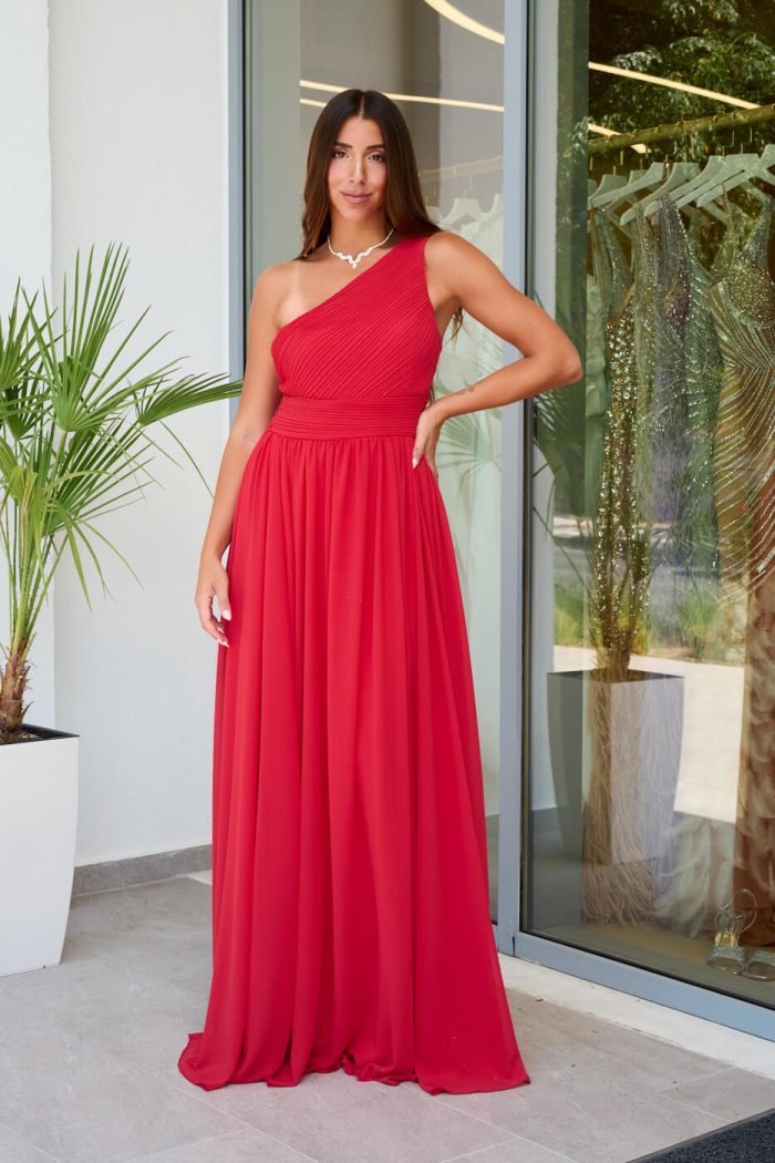 Φόρεμα maxi one shoulder με πλισέ σχέδιο στο μπούστο κόκκινο