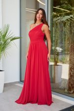 Φόρεμα maxi one shoulder με πλισέ σχέδιο στο μπούστο κόκκινο