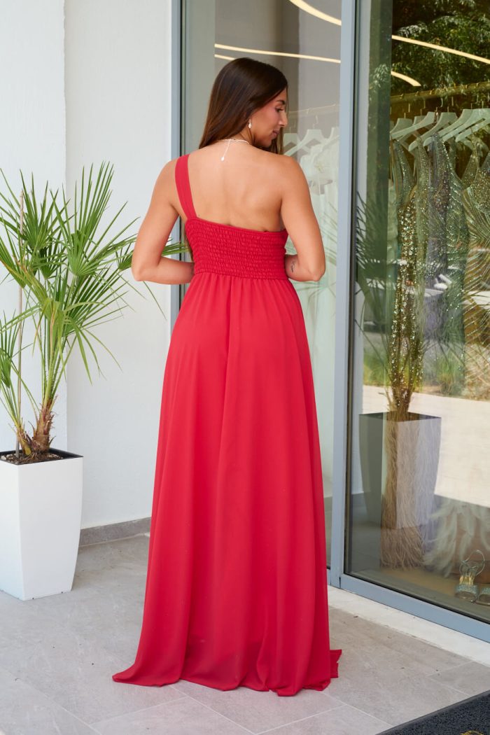 Φόρεμα maxi one shoulder με πλισέ σχέδιο στο μπούστο κόκκινο