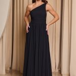 Φόρεμα maxi one shoulder με πλισέ σχέδιο στο μπούστο μαύρο