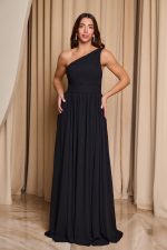 Φόρεμα maxi one shoulder με πλισέ σχέδιο στο μπούστο μαύρο