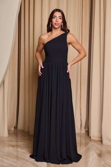 Φόρεμα maxi one shoulder με πλισέ σχέδιο στο μπούστο μαύρο