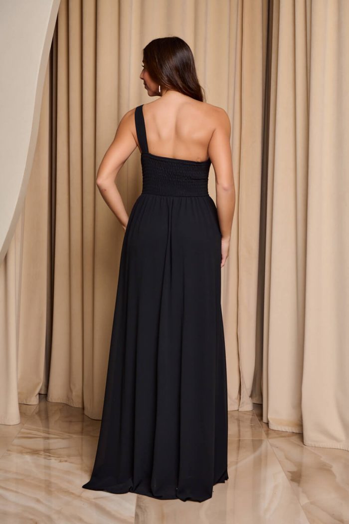 Φόρεμα maxi one shoulder με πλισέ σχέδιο στο μπούστο μαύρο - Image 6