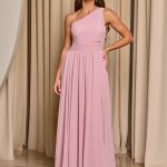 Φόρεμα maxi one shoulder με πλισέ σχέδιο στο μπούστο baby pink