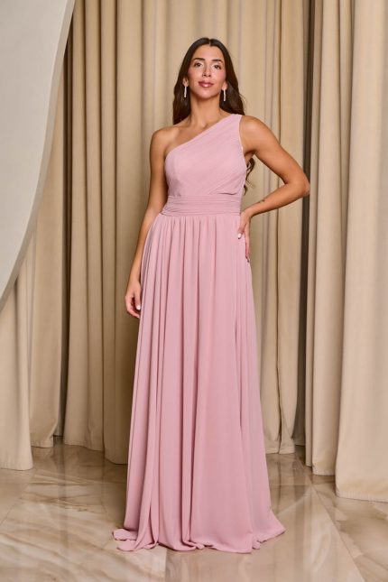 Φόρεμα maxi one shoulder με πλισέ σχέδιο στο μπούστο baby pink