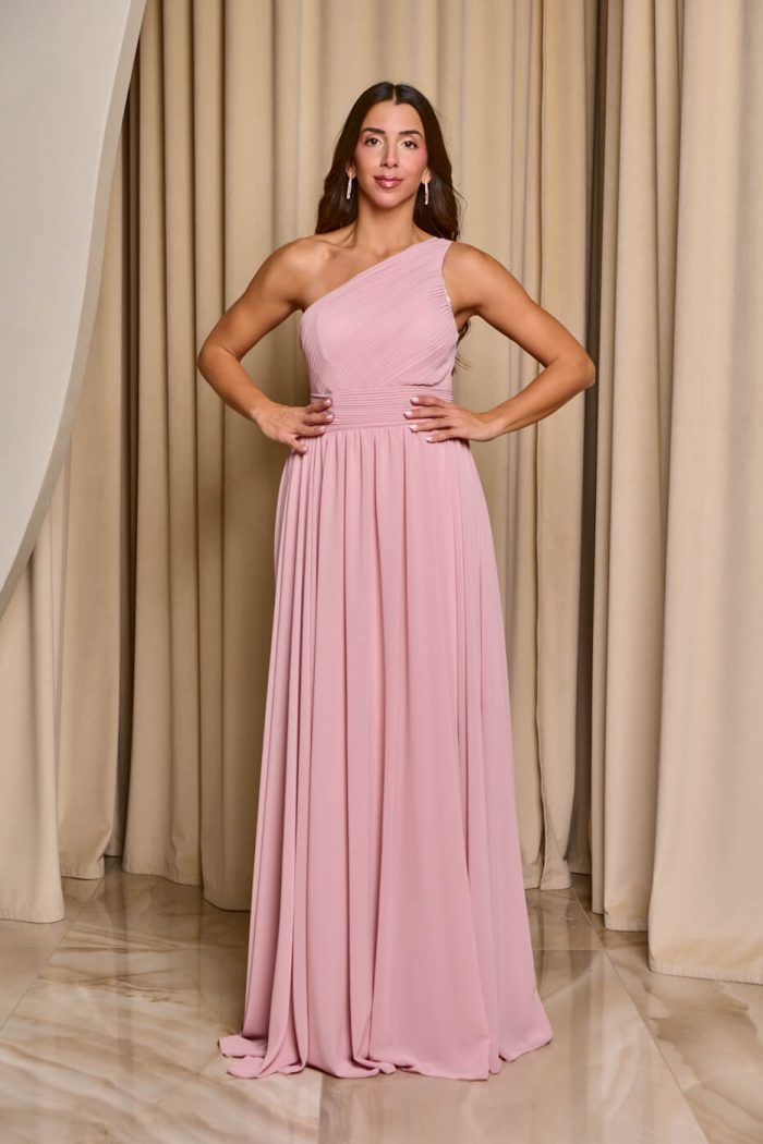Φόρεμα maxi one shoulder με πλισέ σχέδιο στο μπούστο baby pink - Image 2