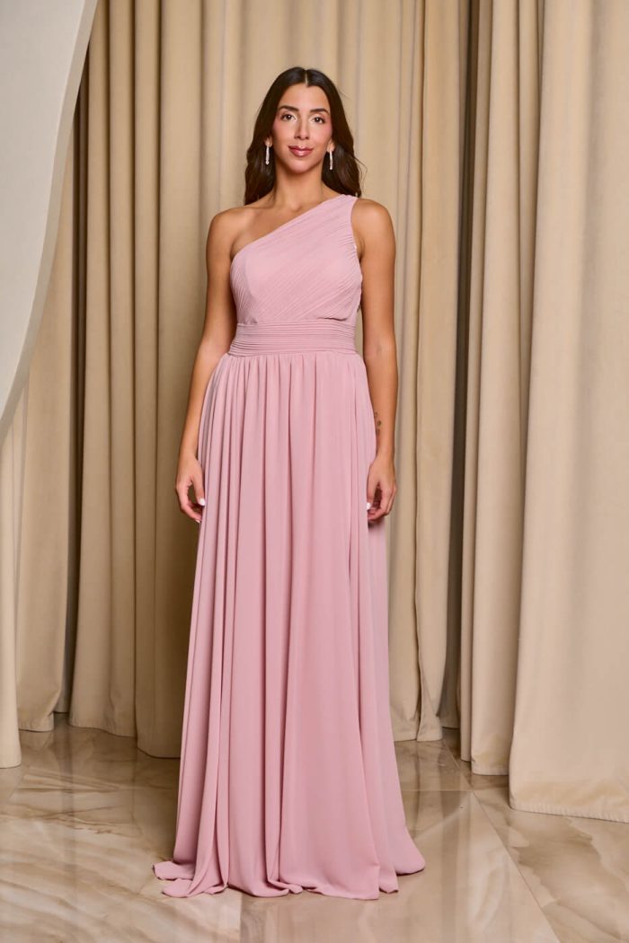 Φόρεμα maxi one shoulder με πλισέ σχέδιο στο μπούστο baby pink - Image 3