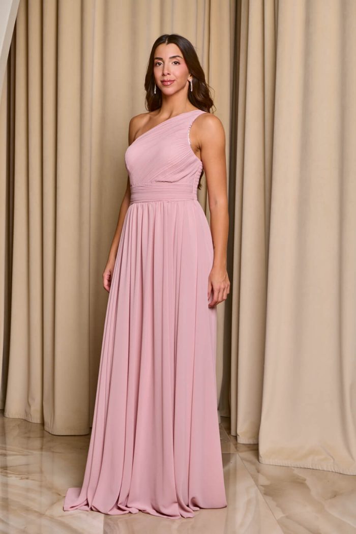 Φόρεμα maxi one shoulder με πλισέ σχέδιο στο μπούστο baby pink - Image 4
