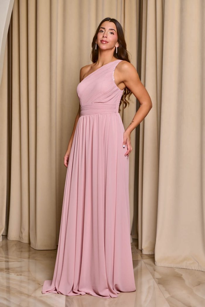 Φόρεμα maxi one shoulder με πλισέ σχέδιο στο μπούστο baby pink - Image 5