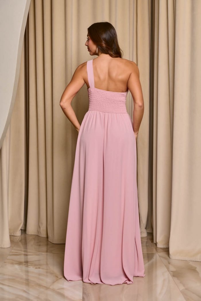 Φόρεμα maxi one shoulder με πλισέ σχέδιο στο μπούστο baby pink - Image 6