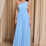 Φόρεμα maxi one shoulder με πλισέ σχέδιο στο μπούστο baby blue