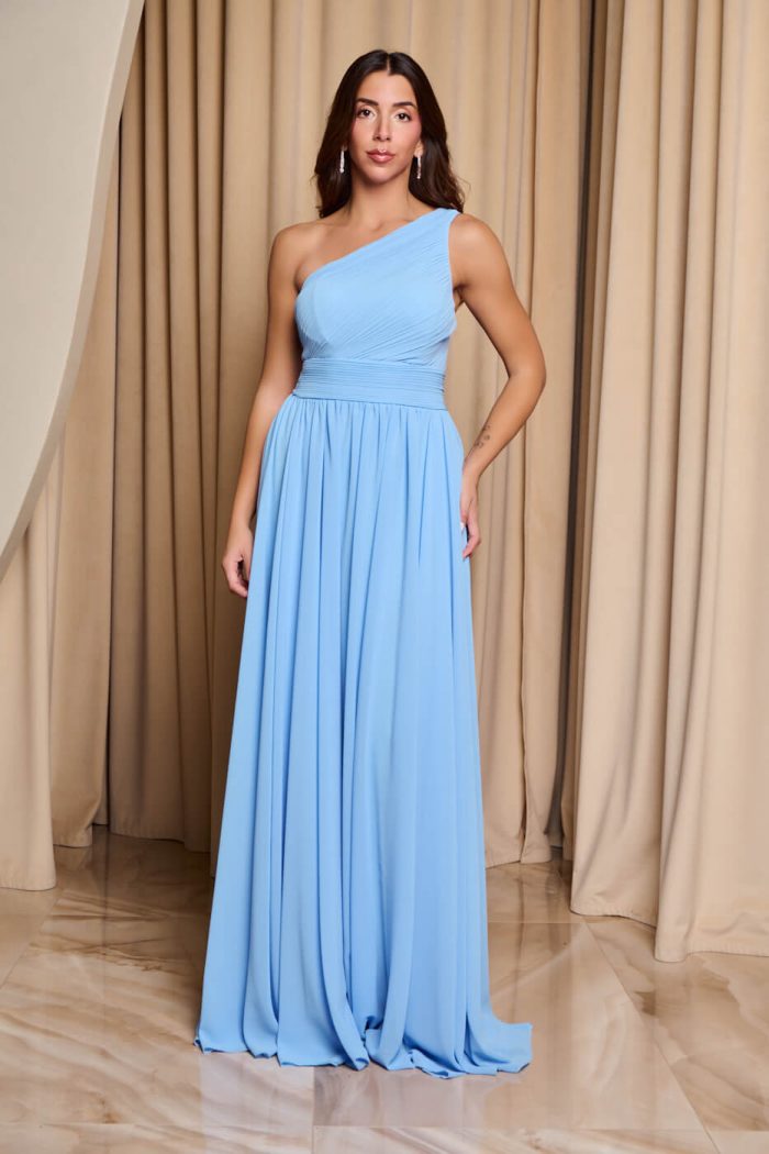 Φόρεμα maxi one shoulder με πλισέ σχέδιο στο μπούστο baby blue - Image 3