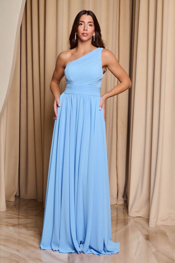Φόρεμα maxi one shoulder με πλισέ σχέδιο στο μπούστο baby blue - Image 4