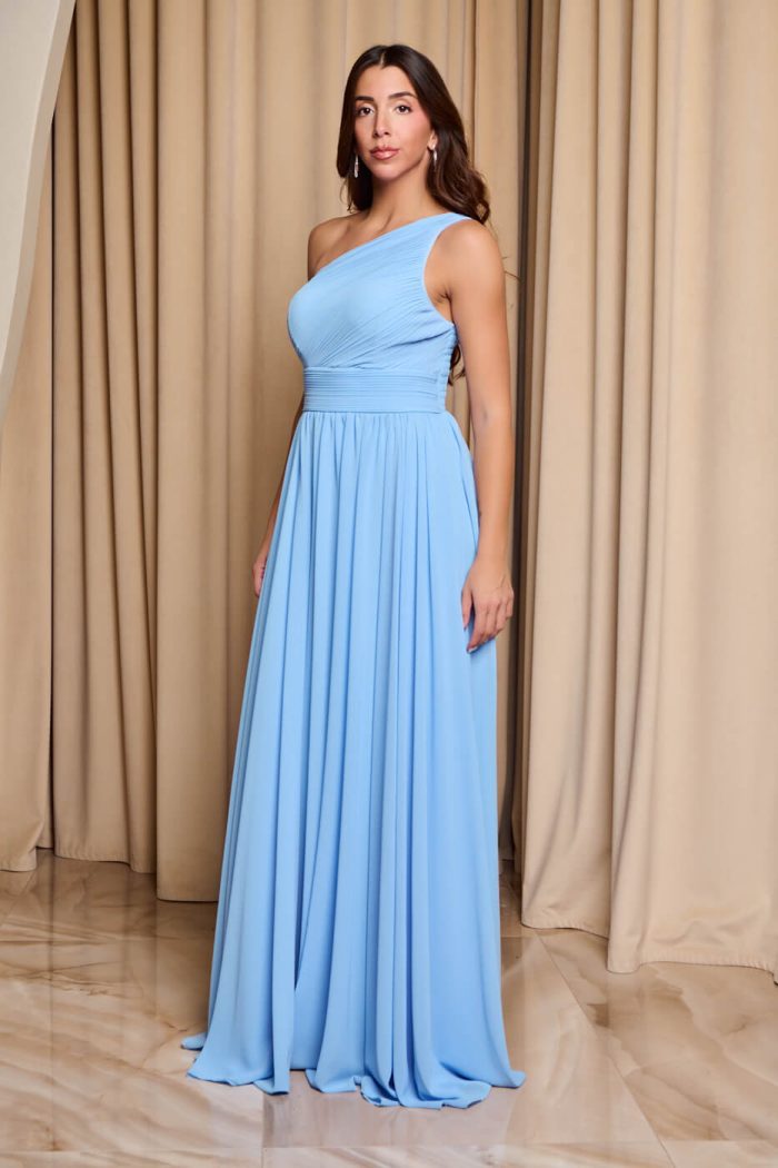 Φόρεμα maxi one shoulder με πλισέ σχέδιο στο μπούστο baby blue - Image 5
