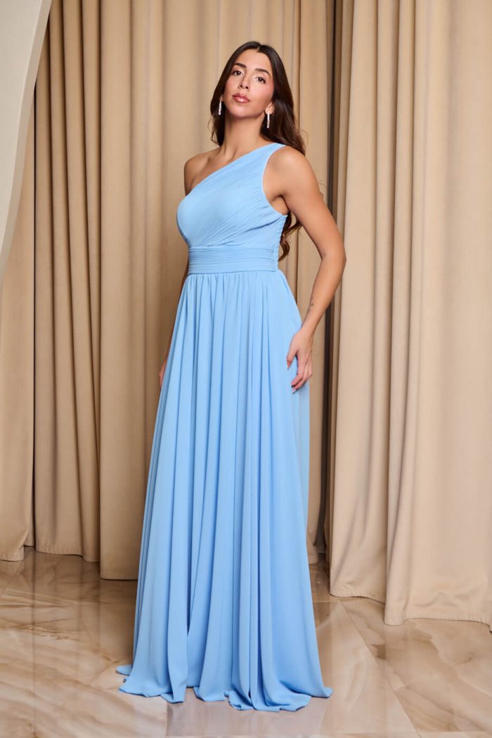 Φόρεμα maxi one shoulder με πλισέ σχέδιο στο μπούστο baby blue - Image 6
