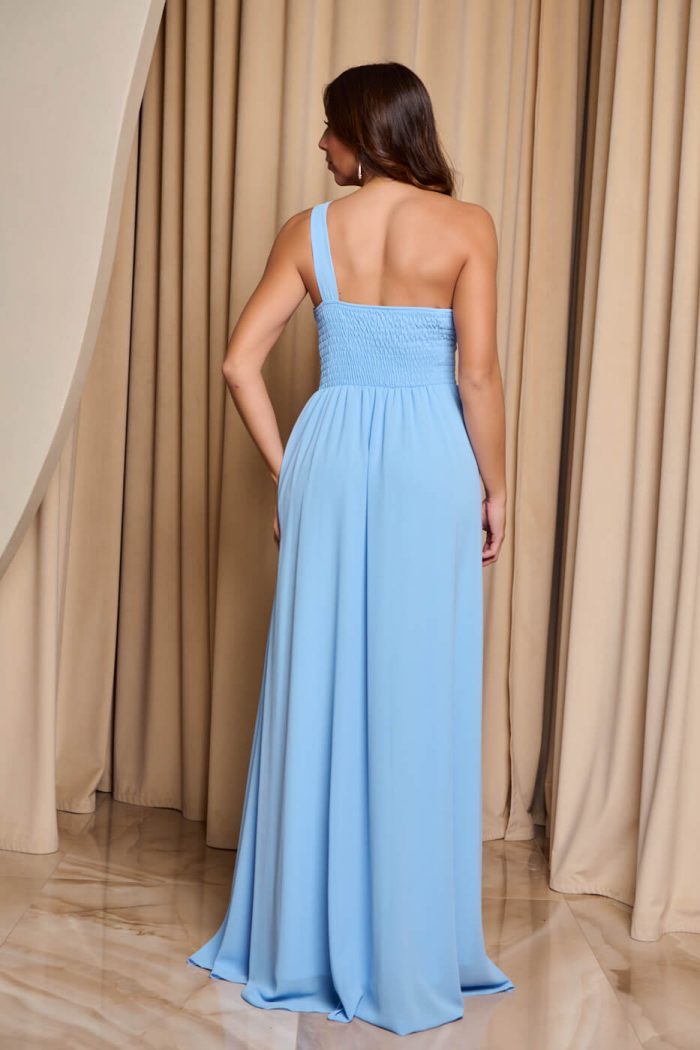 Φόρεμα maxi one shoulder με πλισέ σχέδιο στο μπούστο baby blue - Image 7