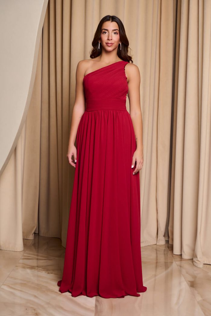 Φόρεμα maxi one shoulder με πλισέ σχέδιο στο μπούστο βουργουνδί - Image 2