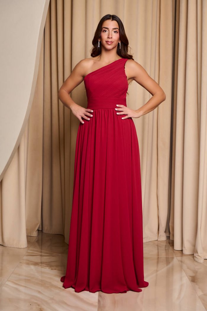Φόρεμα maxi one shoulder με πλισέ σχέδιο στο μπούστο βουργουνδί - Image 3