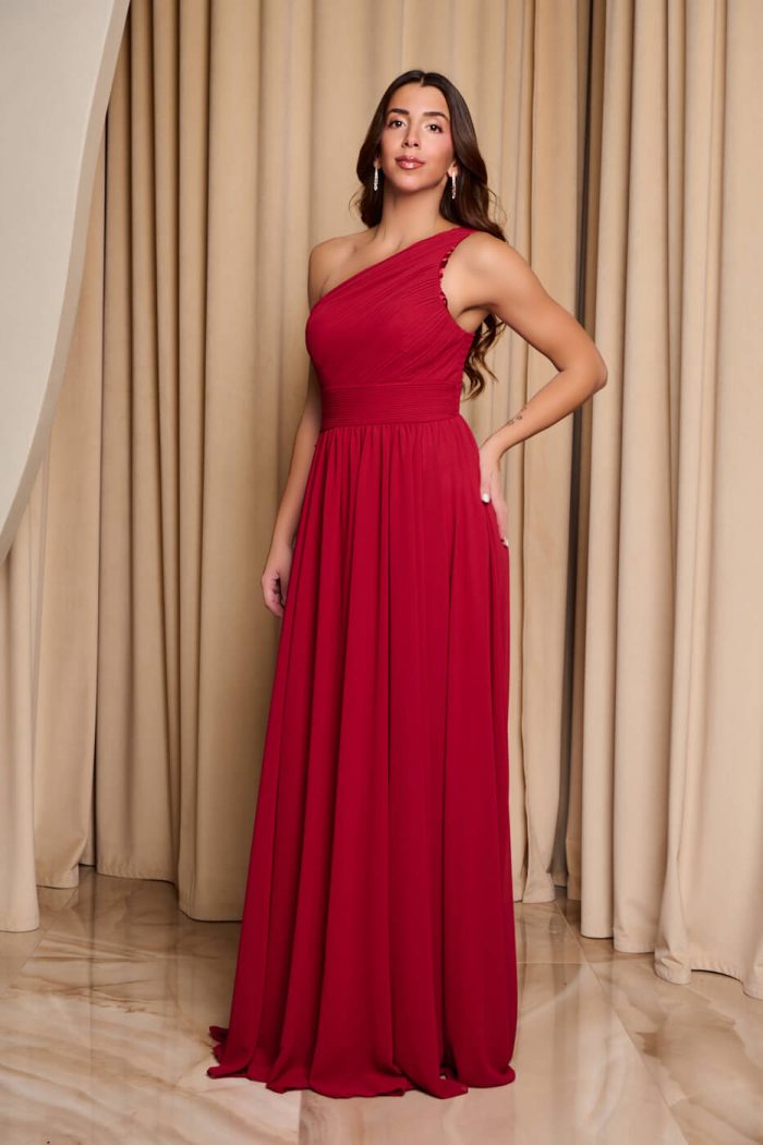 Φόρεμα maxi one shoulder με πλισέ σχέδιο στο μπούστο βουργουνδί - Image 5
