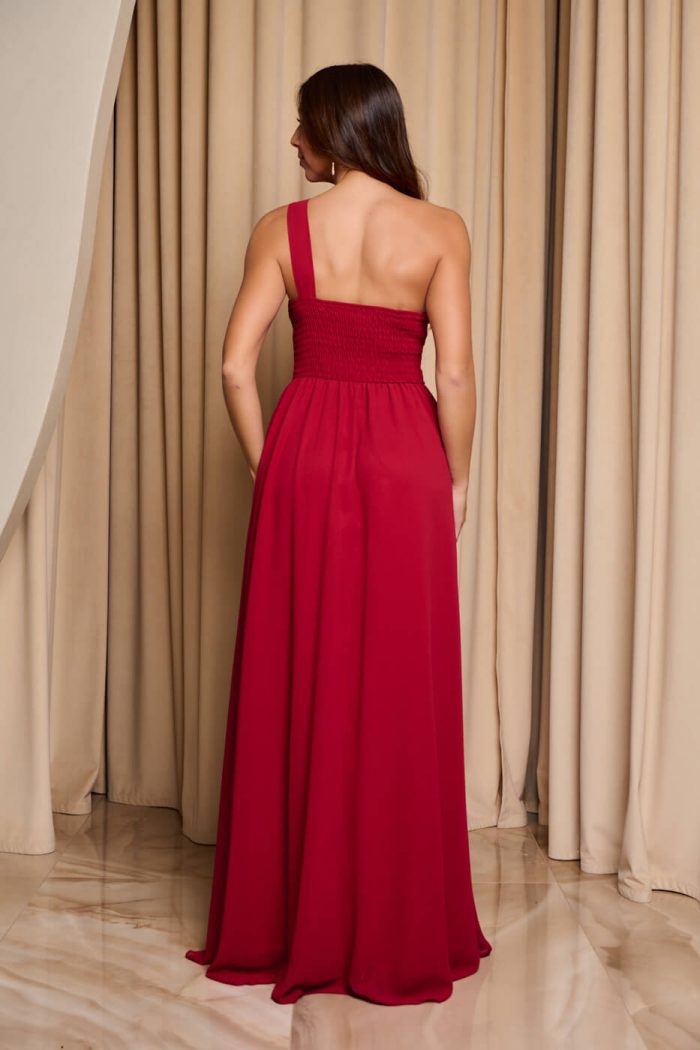 Φόρεμα maxi one shoulder με πλισέ σχέδιο στο μπούστο βουργουνδί - Image 6