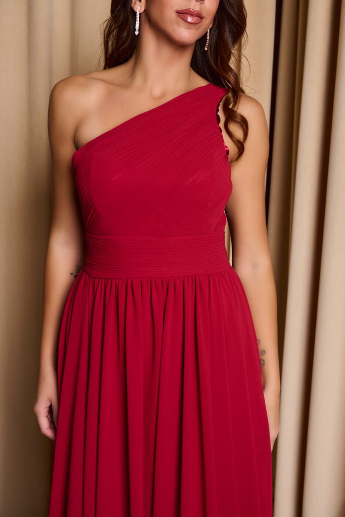 Φόρεμα maxi one shoulder με πλισέ σχέδιο στο μπούστο βουργουνδί - Image 7