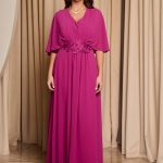 Φόρεμα maxi με πλισέ V ντεκολτέ και λεπτομέρεια με στρας μωβ