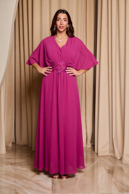 Φόρεμα maxi με πλισέ V ντεκολτέ και λεπτομέρεια με στρας μωβ