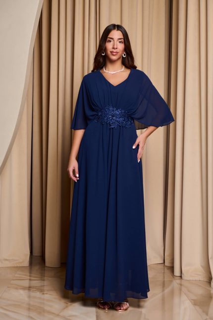 Φόρεμα maxi με πλισέ V ντεκολτέ και λεπτομέρεια με στρας midnight blue
