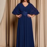 Φόρεμα maxi με πλισέ V ντεκολτέ και λεπτομέρεια με στρας midnight blue