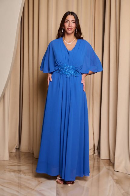 Φόρεμα maxi με πλισέ V ντεκολτέ και λεπτομέρεια με στρας μπλε ρουά