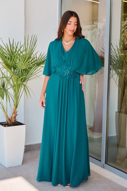 Φόρεμα maxi με πλισέ V ντεκολτέ και λεπτομέρεια με στρας κυπαρισσί