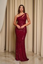Φόρεμα maxi one shoulder με παγιέτες και χάντρες βουργουνδί