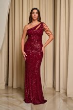 Φόρεμα maxi one shoulder με παγιέτες και χάντρες βουργουνδί