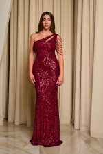 Φόρεμα maxi one shoulder με παγιέτες και χάντρες βουργουνδί
