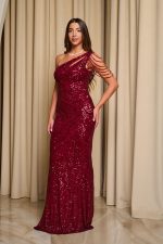 Φόρεμα maxi one shoulder με παγιέτες και χάντρες βουργουνδί