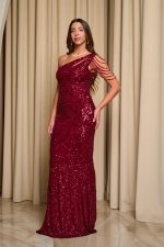 Φόρεμα maxi one shoulder με παγιέτες και χάντρες βουργουνδί