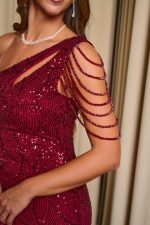 Φόρεμα maxi one shoulder με παγιέτες και χάντρες βουργουνδί