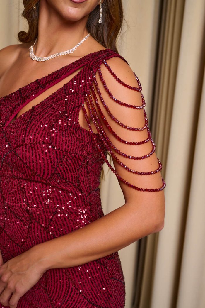 Φόρεμα maxi one shoulder με παγιέτες και χάντρες βουργουνδί
