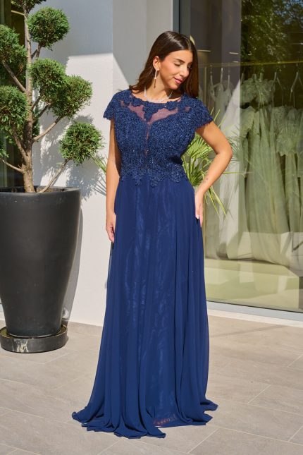 Φόρεμα maxi κοντομάνικο με κεντημένες λεπτομέρειες midnight blue