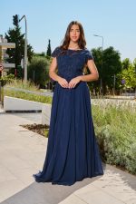 Φόρεμα maxi κοντομάνικο με κεντημένες λεπτομέρειες midnight blue