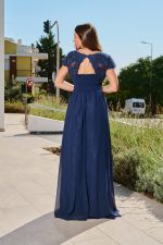 Φόρεμα maxi κοντομάνικο με κεντημένες λεπτομέρειες midnight blue