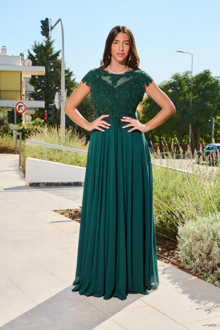 Φόρεμα maxi κοντομάνικο με κεντημένες λεπτομέρειες κυπαρισσί